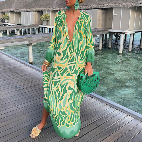 Biarritz - Maxi dress with long sleeves and a deep V-shaped neckline