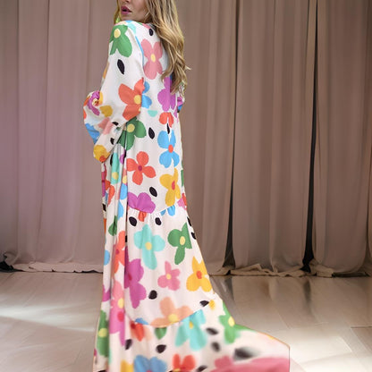 Flora – Bohemian Long Dress with Bell Sleeves and Floral Pattern