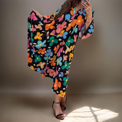 Flora – Bohemian Long Dress with Bell Sleeves and Floral Pattern