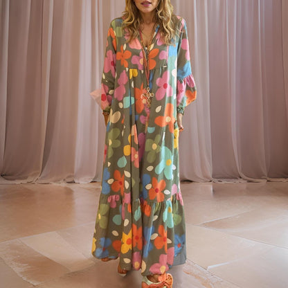 Flora – Bohemian Long Dress with Bell Sleeves and Floral Pattern