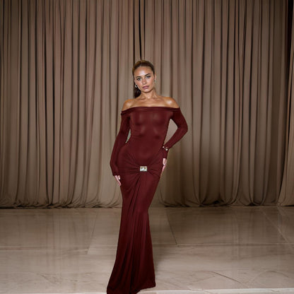 Diamond - Off-Shoulder Long Sleeve Stretch Maxi Dress