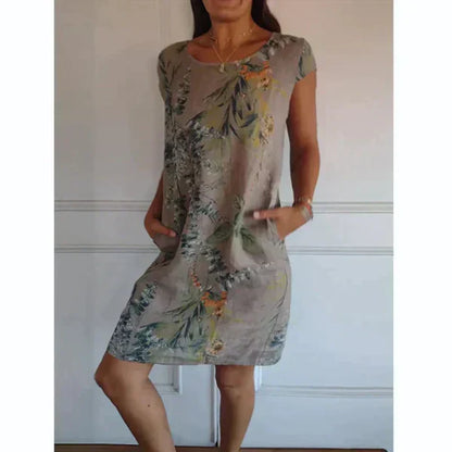 Modex women's cotton and linen dress with a round neckline