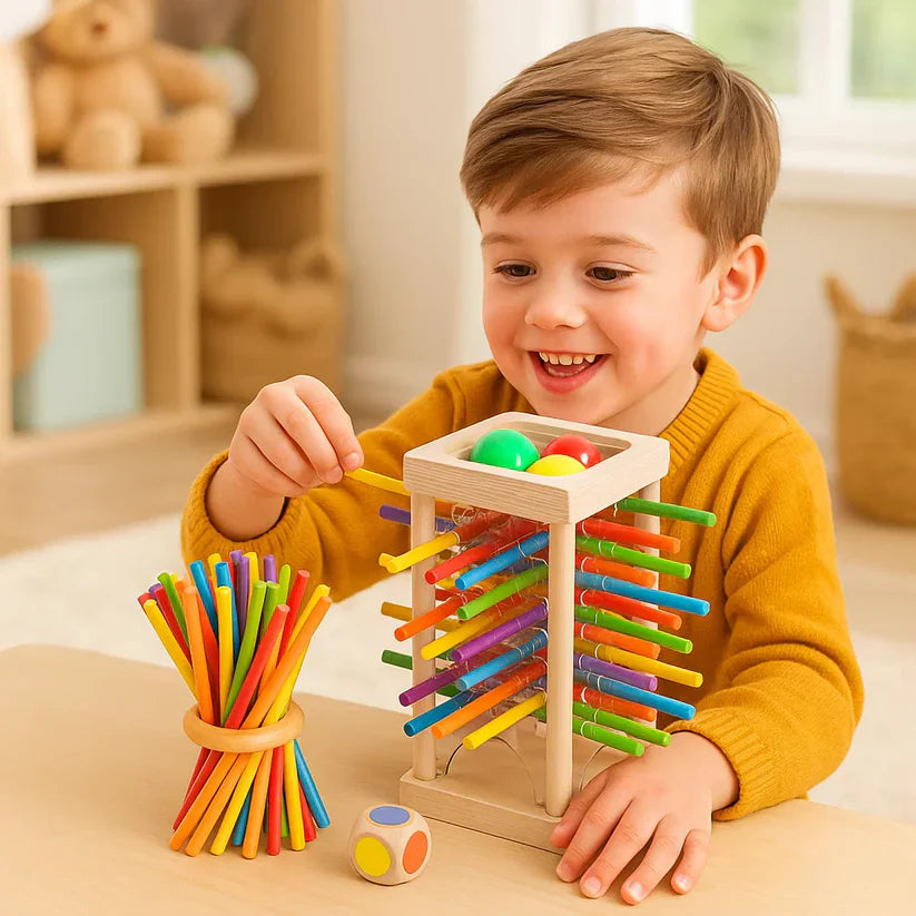 Jeu éducatif en bois avec billes et bâtonnets