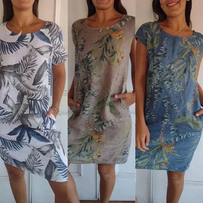 Modex women's cotton and linen dress with a round neckline