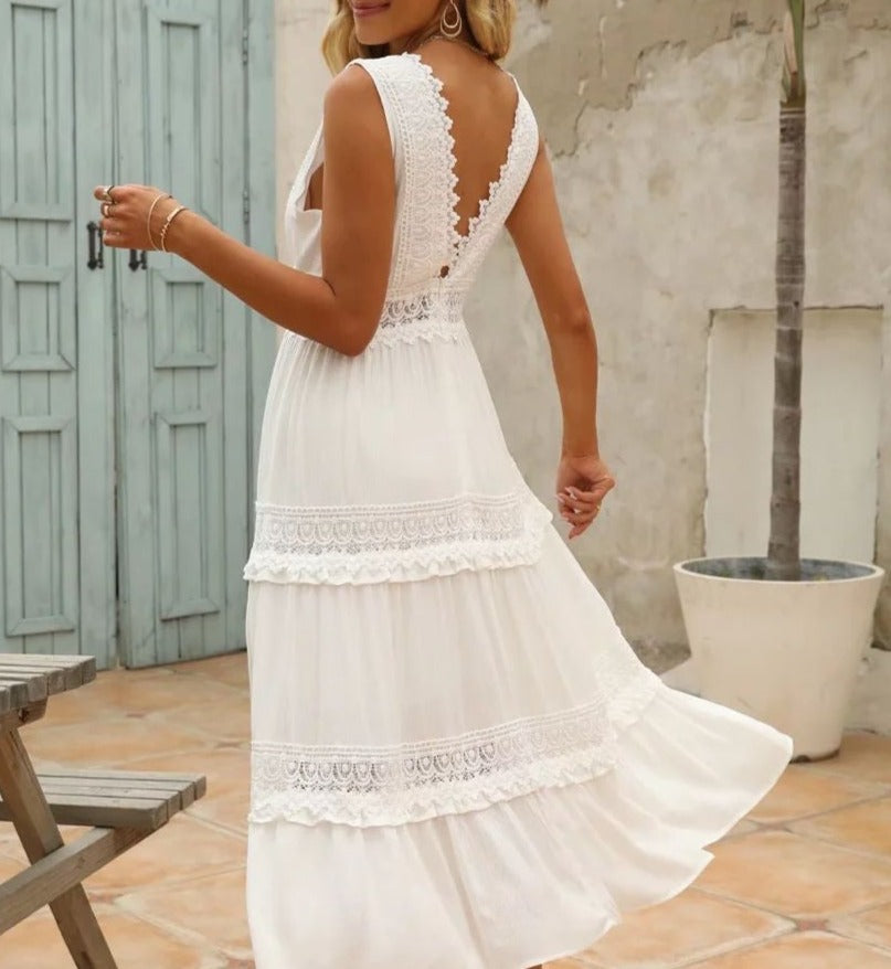 Lunara - White lace maxi dress with a V-shaped neckline