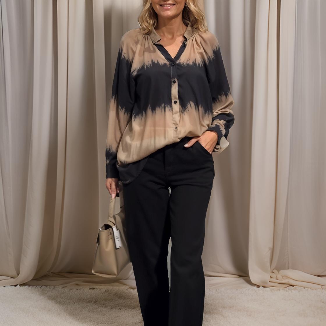 Ariana - Vintage Color Block Blouse with V-Neck and Buttons