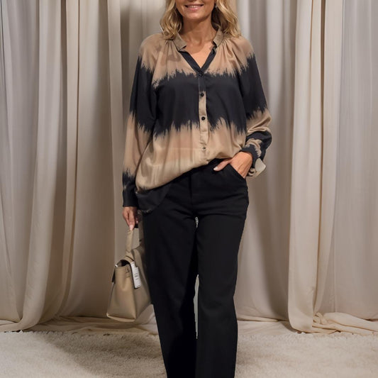 Ariana - Vintage Color Block Blouse with V-Neck and Buttons
