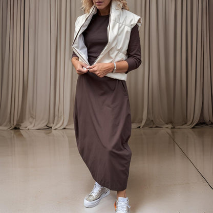 Amara - Elegant Long A-Line Dress with Long Sleeves and Pocket