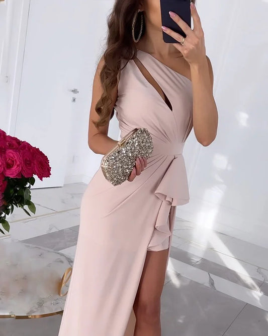 Angelle - Asymmetrical maxi evening dress with slit and ruffles