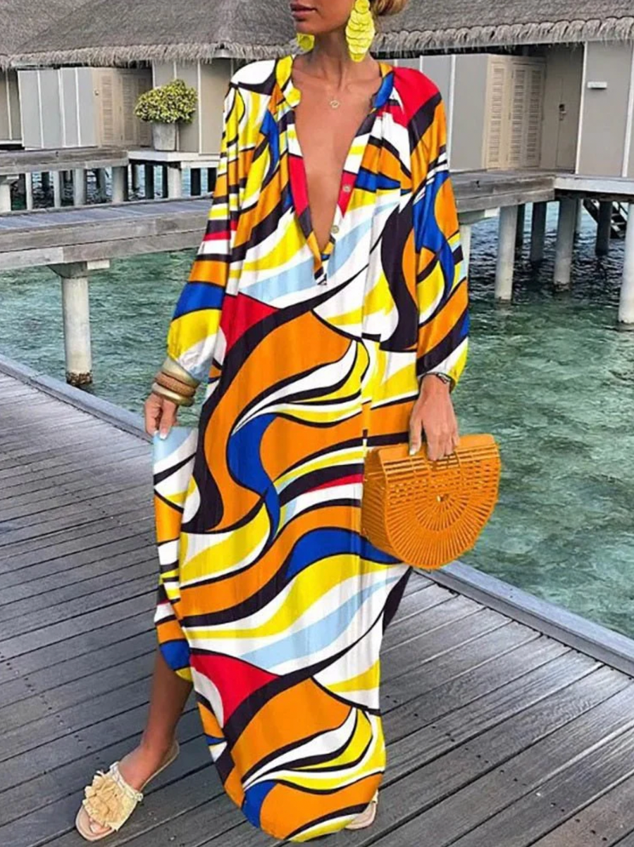 Biarritz - Maxi dress with long sleeves and a deep V-shaped neckline