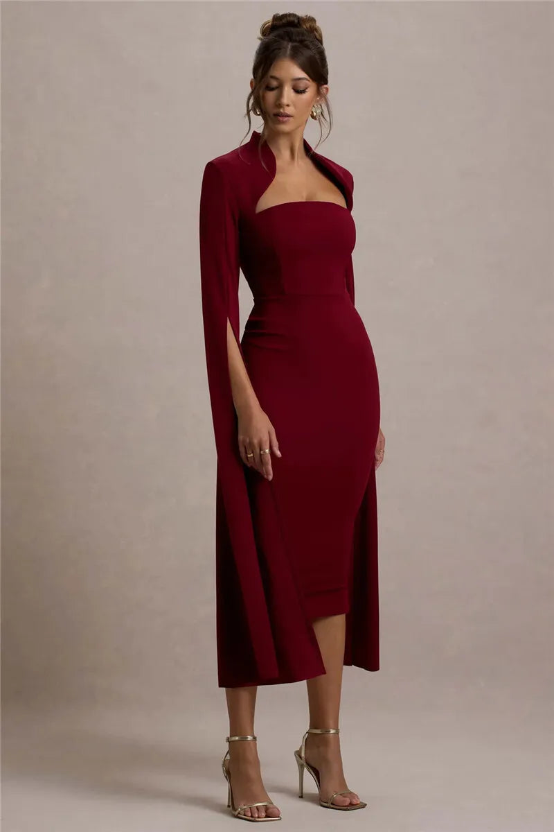 Calista Cape Strapless Sleeve Midi Dress