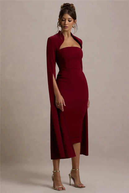 Calista Cape Strapless Sleeve Midi Dress