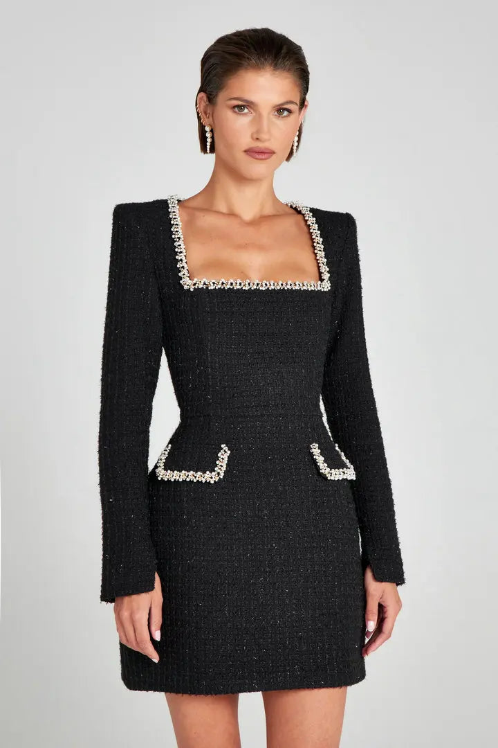 Monaco Lacceti Women's Tweed Pearl Trim Blazer Mini Dress