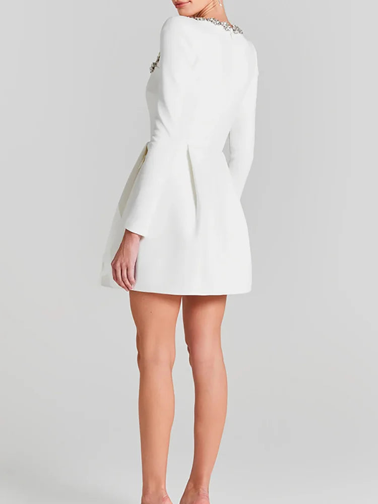 Éclat Lacceti Women's White Jewel Trim Long Sleeve Mini Dress