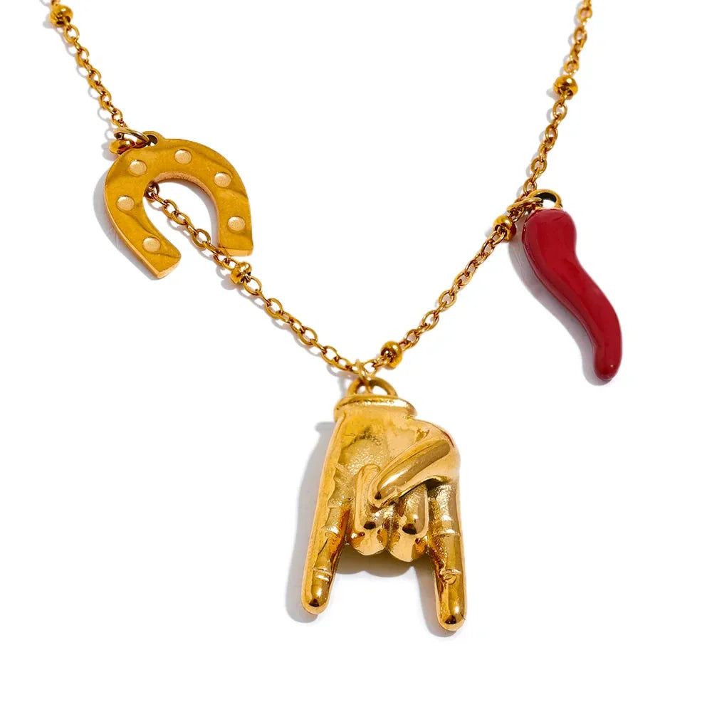 Cattiva Bold Gold Chili Hand Heart Pendant & Necklace