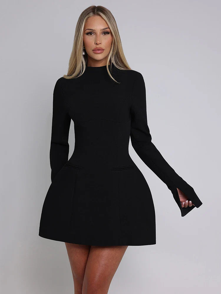 Elara White High Neck Long Sleeve Mini Dress