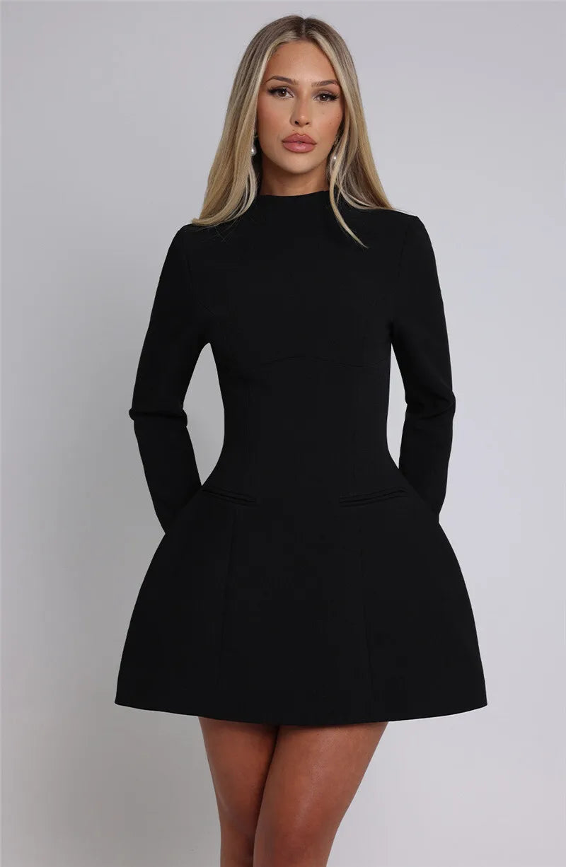 Elara White High Neck Long Sleeve Mini Dress