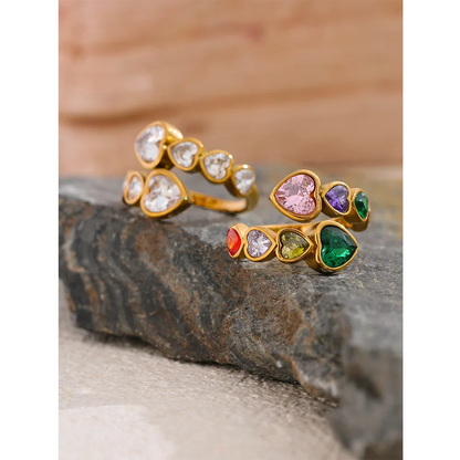 Fiorella Gold Adjustable Colorful Heart Gemstones Ring