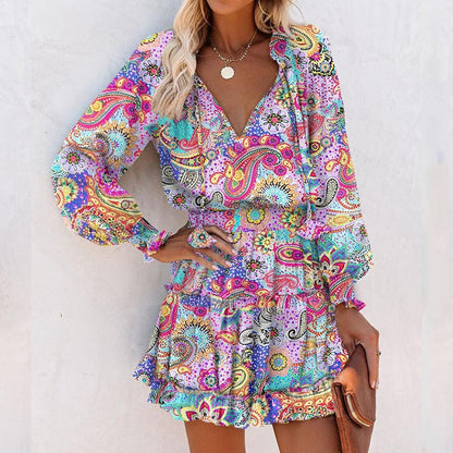 VibrantBloom - V-neck colorful floral print dress with ruffles on the bottom