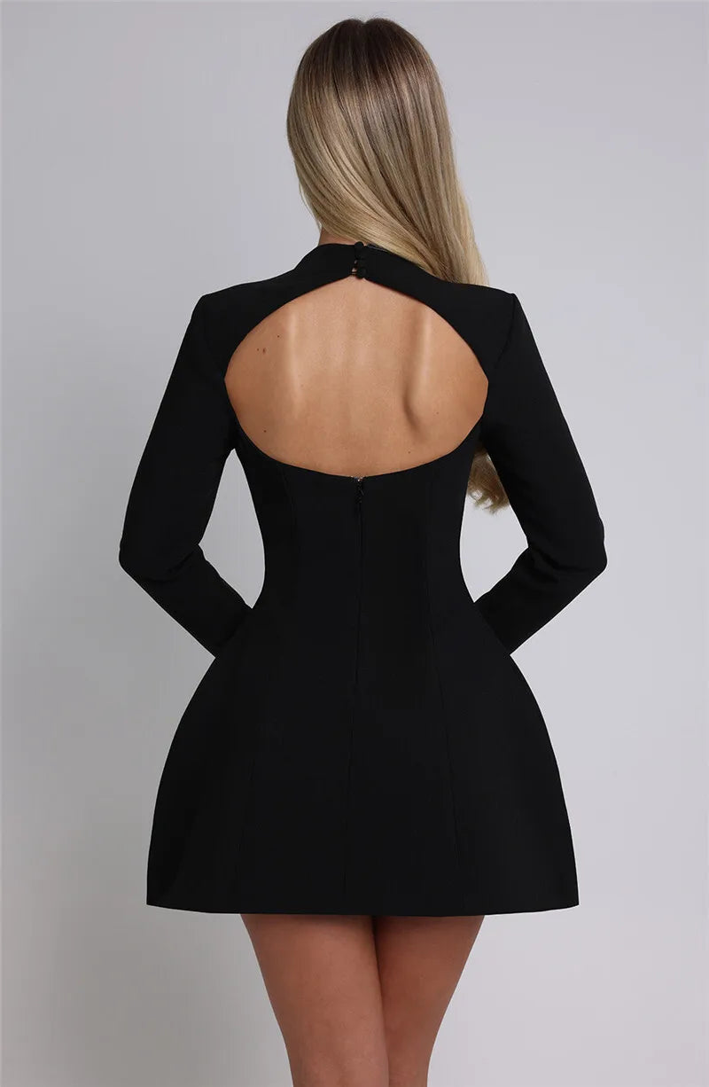 Elara White High Neck Long Sleeve Mini Dress
