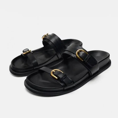 Lucia Buckle Leather Slides