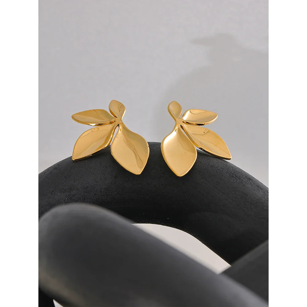 Marais Golden Leaf Stud Earrings High Shine