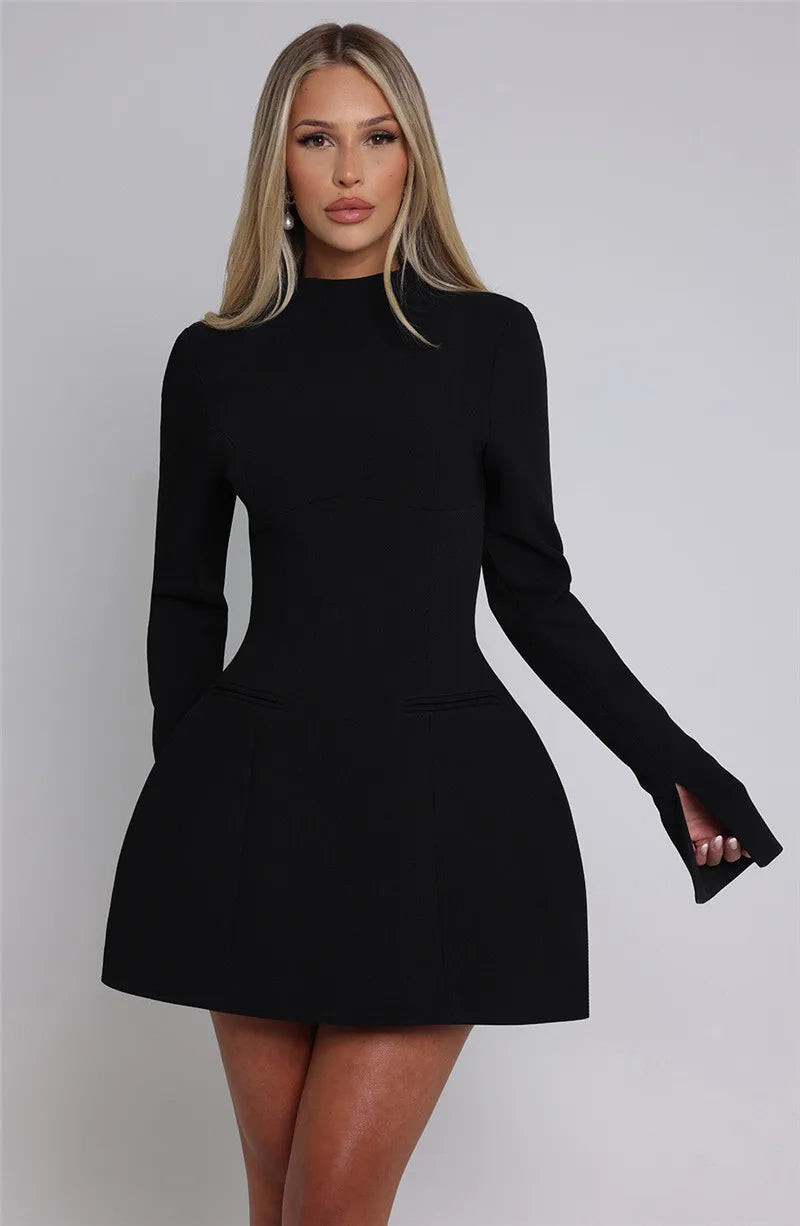Elara White High Neck Long Sleeve Mini Dress