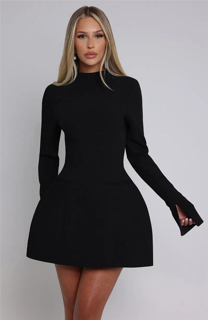 Elara White High Neck Long Sleeve Mini Dress