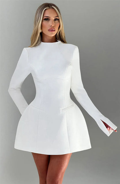 Elara White High Neck Long Sleeve Mini Dress