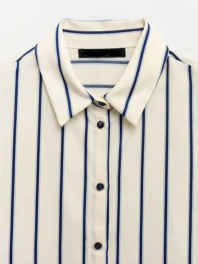 European Striped Button-Up Blouse