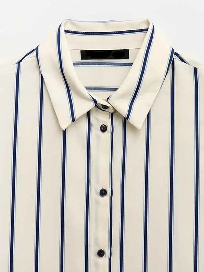 European Striped Button-Up Blouse