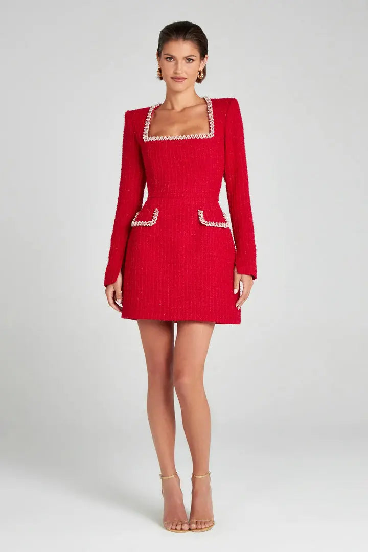 Monaco Lacceti Women's Tweed Pearl Trim Blazer Mini Dress