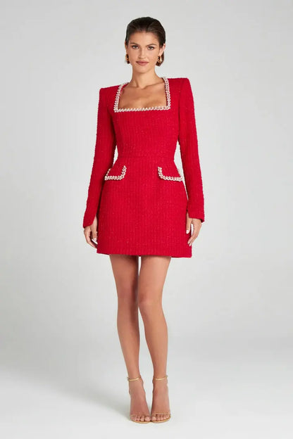 Monaco Lacceti Women's Tweed Pearl Trim Blazer Mini Dress