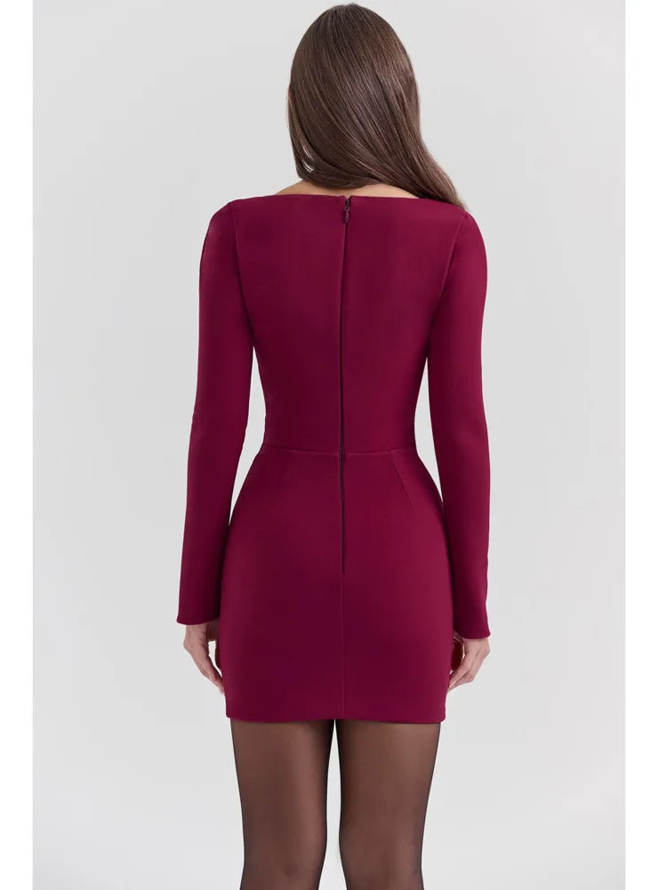 Vienna Lacceti Women's Burgundy Square Neck Button Mini Dress
