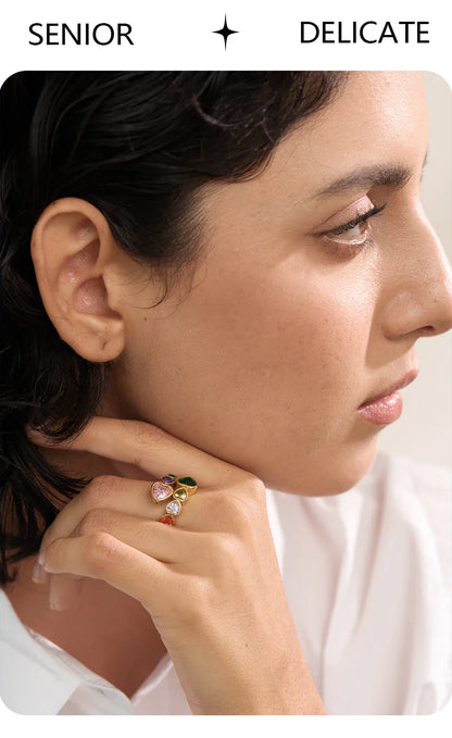 Fiorella Gold Adjustable Colorful Heart Gemstones Ring