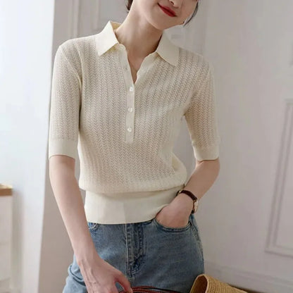 Amy Ribbed Knit Polo Blouse