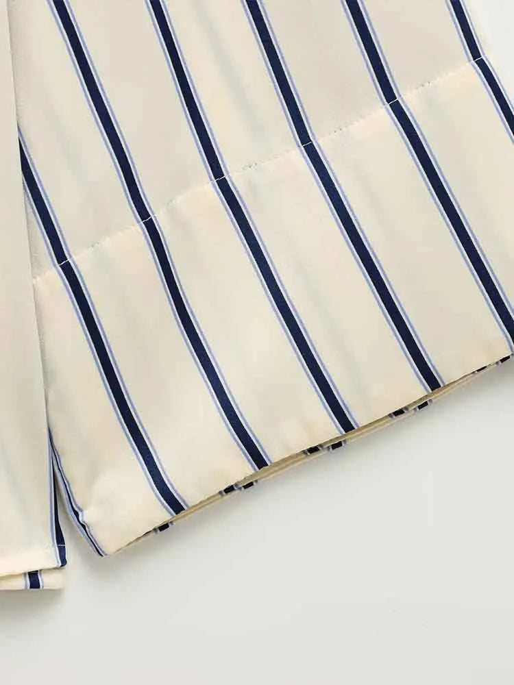 European Striped Button-Up Blouse