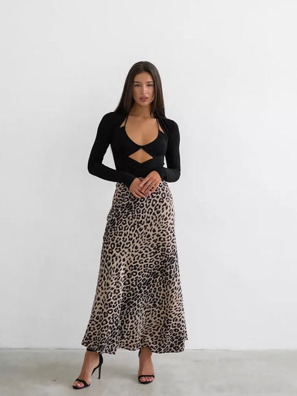 Harper Satin Leopard Midi Skirt