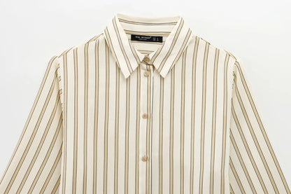 European Striped Button-Up Blouse