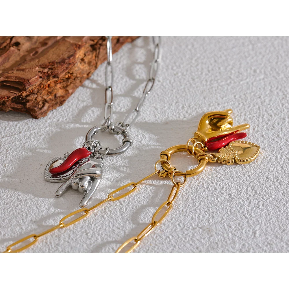 Cattiva Bold Gold Chili Hand Heart Pendant & Necklace