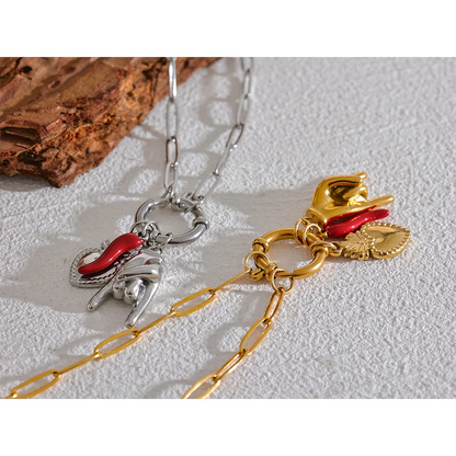 Cattiva Bold Gold Chili Hand Heart Pendant & Necklace