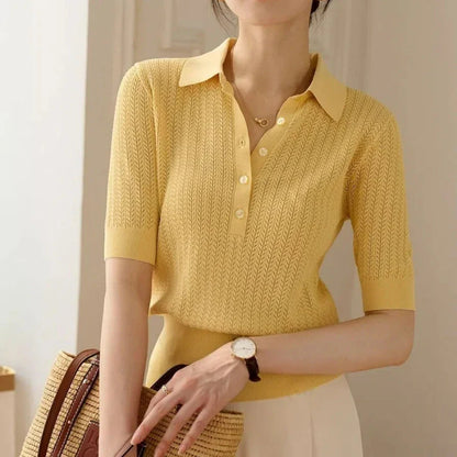 Amy Ribbed Knit Polo Blouse