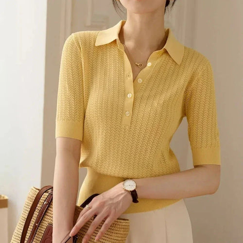 Amy Ribbed Knit Polo Blouse