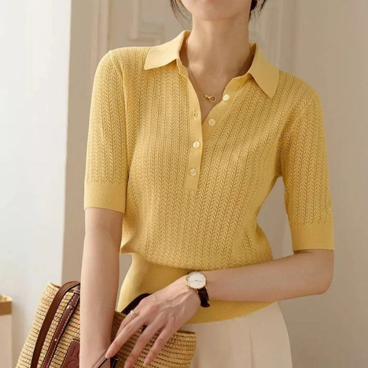 Amy Ribbed Knit Polo Blouse