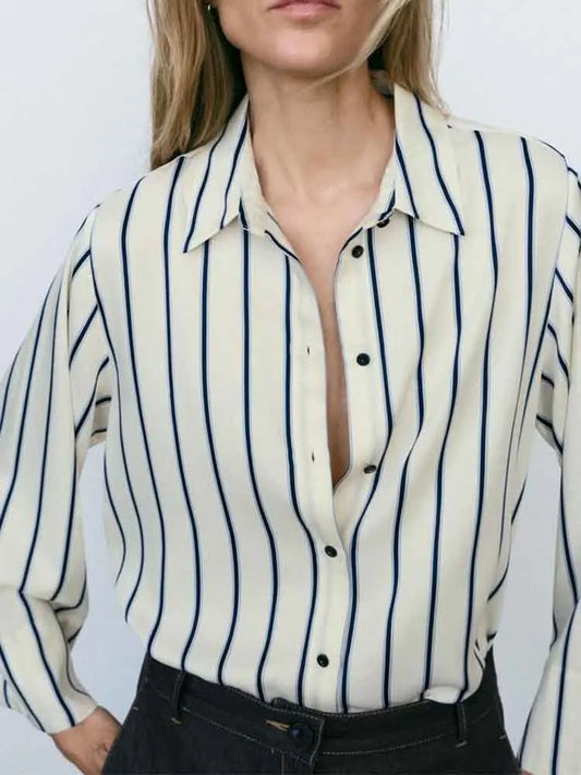 European Striped Button-Up Blouse