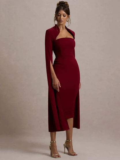 Calista Cape Strapless Sleeve Midi Dress