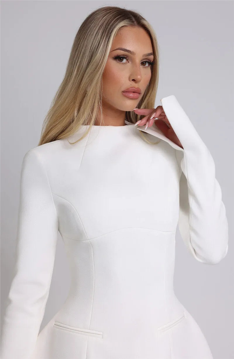 Elara White High Neck Long Sleeve Mini Dress