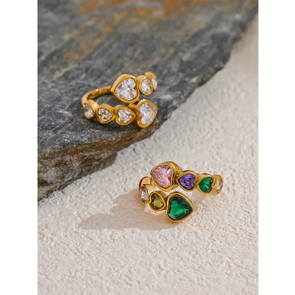 Fiorella Gold Adjustable Colorful Heart Gemstones Ring