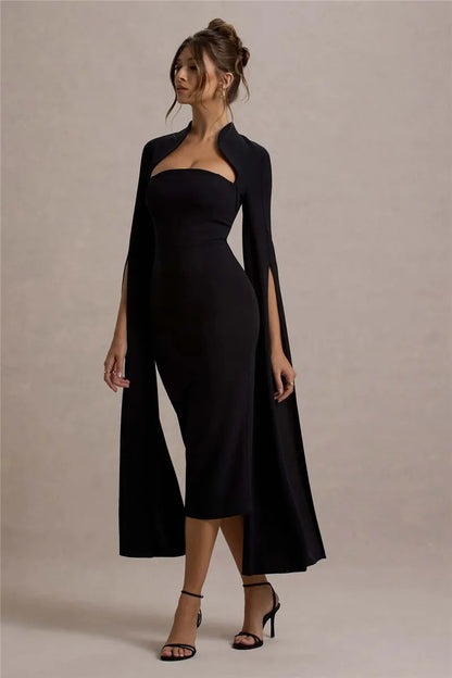 Calista Cape Strapless Sleeve Midi Dress