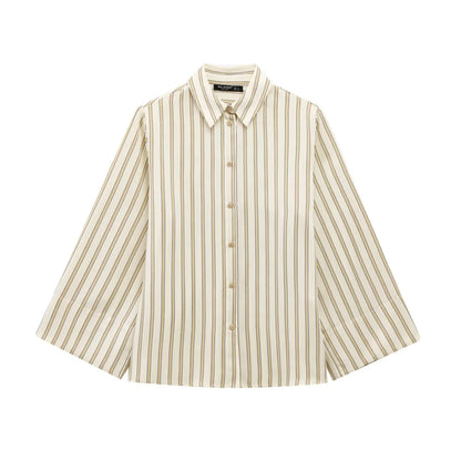 European Striped Button-Up Blouse